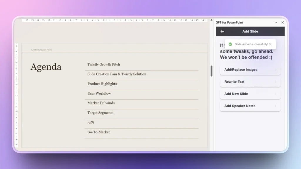 Screenshot of a PowerPoint slide titled "Agenda" with GPT for PowerPoint sidebar visible.