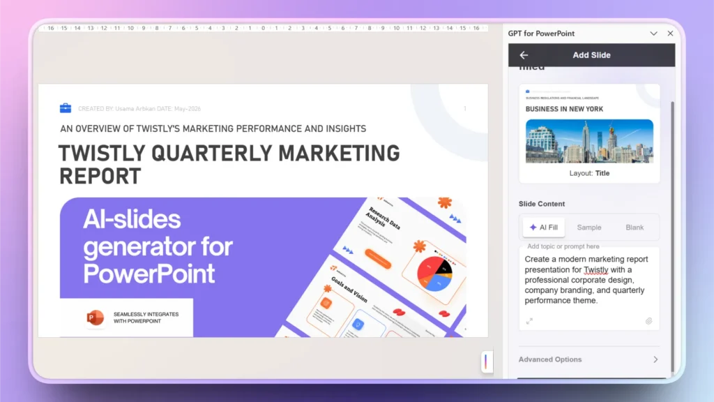 Screenshot of a digital interface displaying a PowerPoint marketing report titled "Twistly Quarterly Marketing Report" with AI-slide generation features.