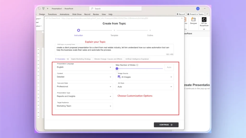 Screenshot of a PowerPoint add-in interface for creating presentations with customizable language, style, and content options.