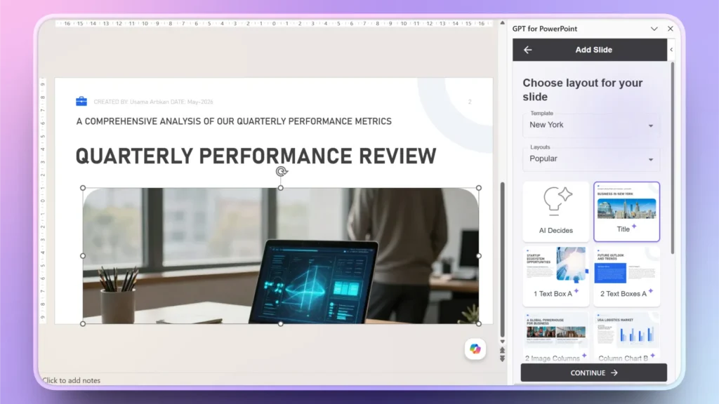 Screenshot of a PowerPoint slide titled "Quarterly Performance Review" with a laptop displaying data and a sidebar showing slide layout options.