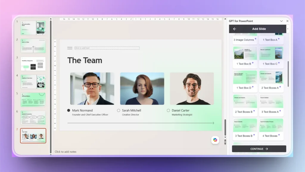 Screenshot of a PowerPoint slide titled "The Team" featuring professional headshots and titles of three team members.