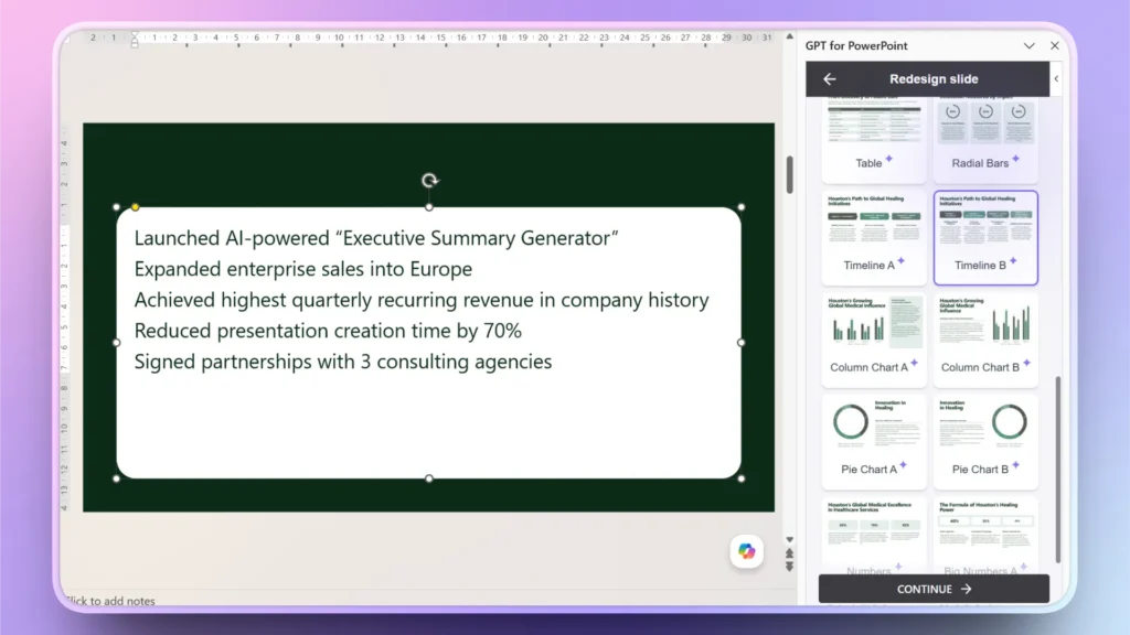 Screenshot of a PowerPoint slide with business achievements and a GPT for PowerPoint redesign sidebar.