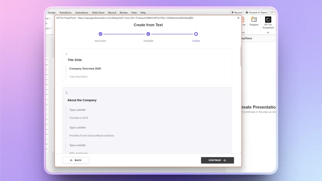 Screenshot of a PowerPoint plugin interface titled "Create from Text" showing a presentation outline for "Company Overview 2026.