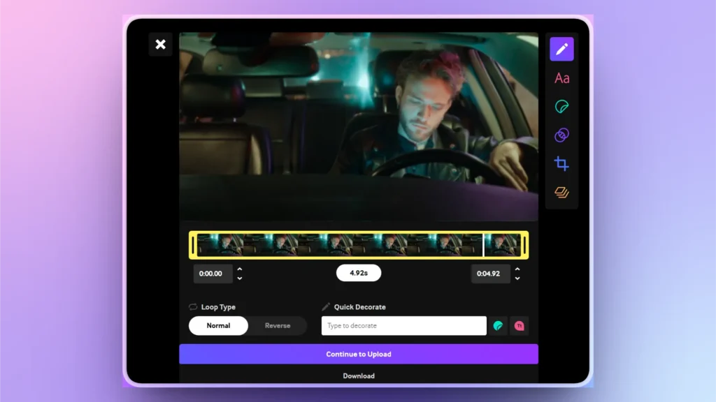 Video editing interface displaying a man in a car at night with editing tools on the right.