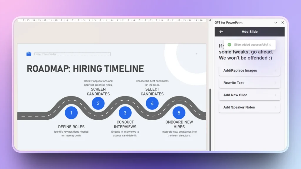 PowerPoint slide showing a hiring timeline roadmap with five key steps and a GPT sidebar.
