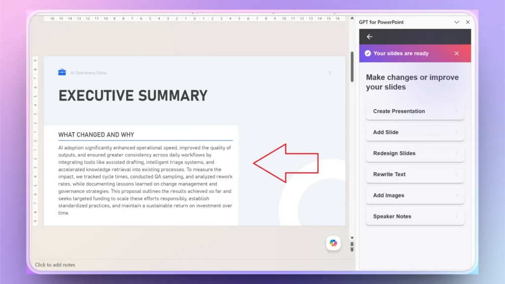 Screenshot of a PowerPoint slide titled "EXECUTIVE SUMMARY" with text about AI adoption, alongside a GPT for PowerPoint sidebar menu.