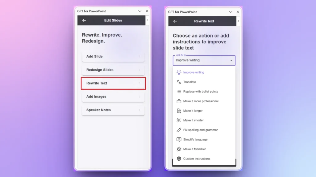 User interface of GPT for PowerPoint showing options to rewrite, improve, and redesign slides with a highlighted "Rewrite Text" button.