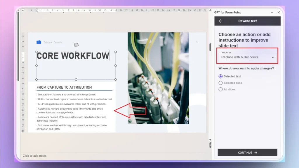 Screenshot of a PowerPoint slide titled "CORE WORKFLOW" with bullet points and AI text rewriting options.