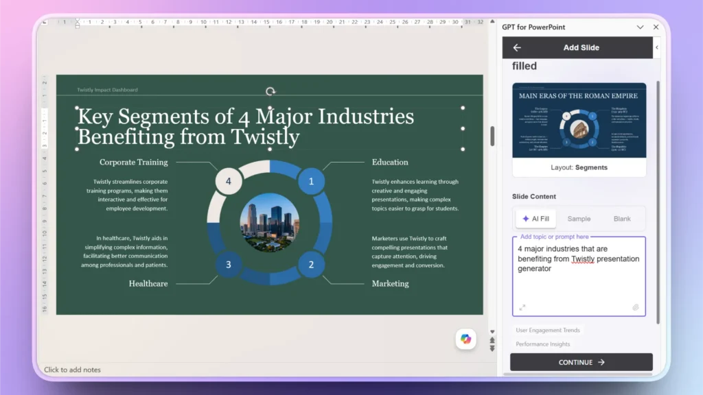 Screenshot of a PowerPoint slide titled "Key Segments of 4 Major Industries Benefiting from Twistly" with a circular infographic and descriptive text on corporate training, education, healthcare, and marketing.
