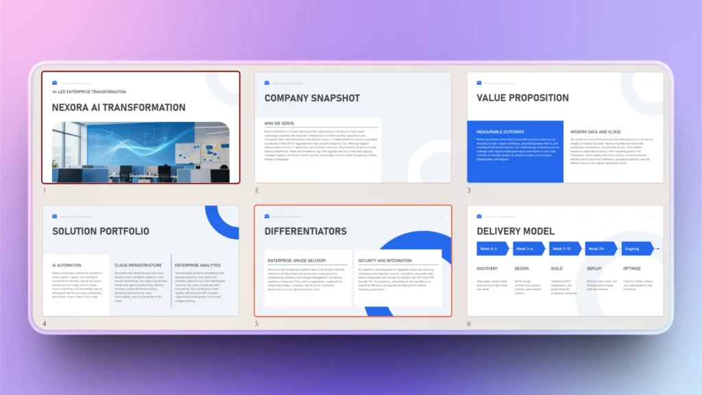 Presentation overview slides for Nexora AI Transformation with titles and text content.
