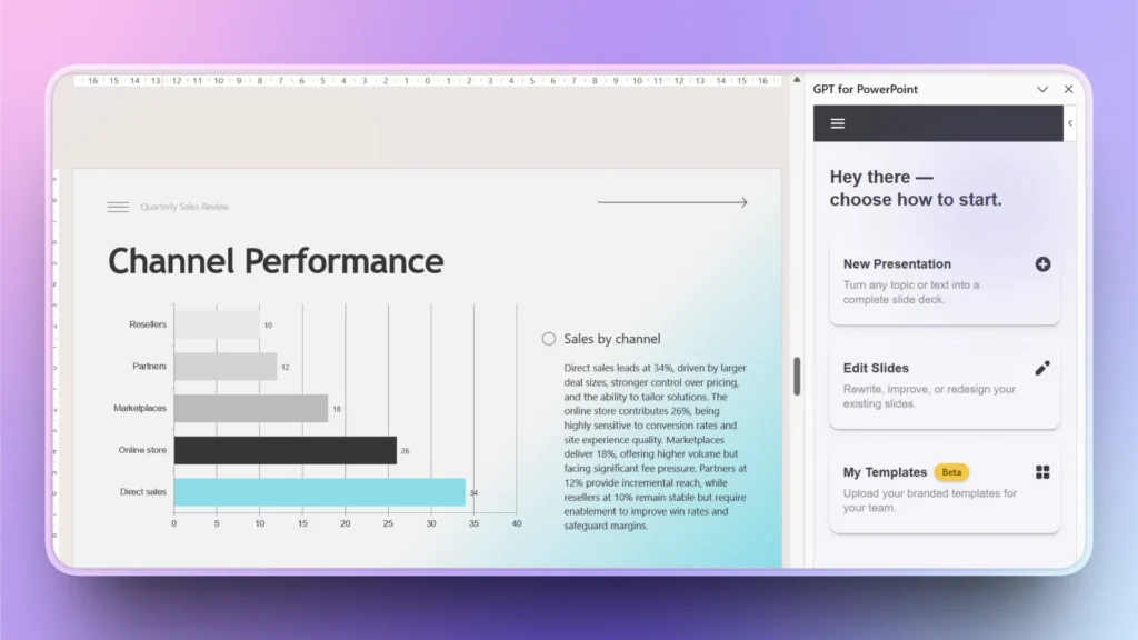 Screenshot of a PowerPoint slide showing a channel performance bar chart and GPT for PowerPoint sidebar.