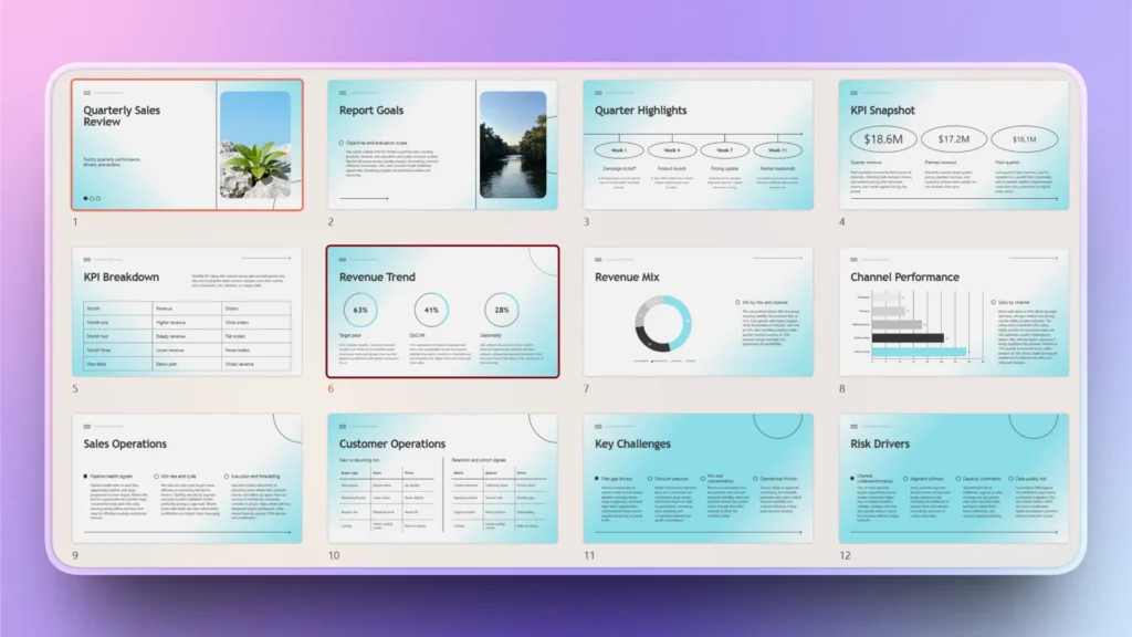 Tablet screen displaying a twelve-slide quarterly sales review presentation with charts, tables, and images.