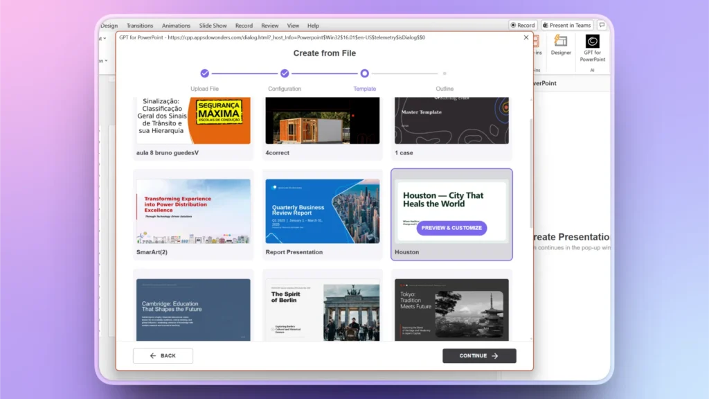Screenshot of a PowerPoint template selection window displaying various presentation templates with titles and preview images.