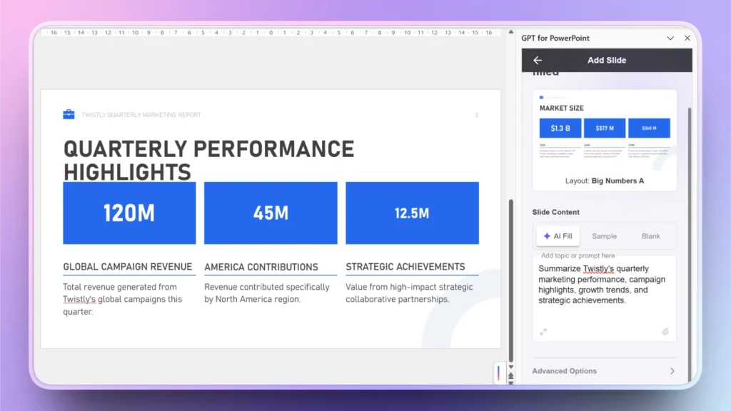 Screenshot of a quarterly performance highlights slide with blue metric boxes and GPT for PowerPoint sidebar.