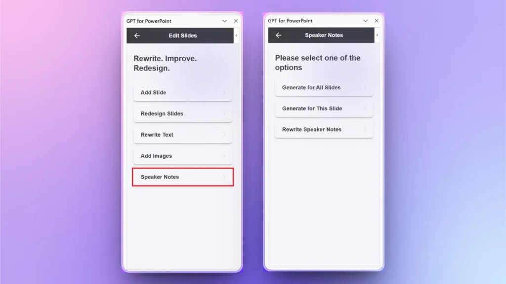 User interface of GPT for PowerPoint showing options to edit slides and generate speaker notes.