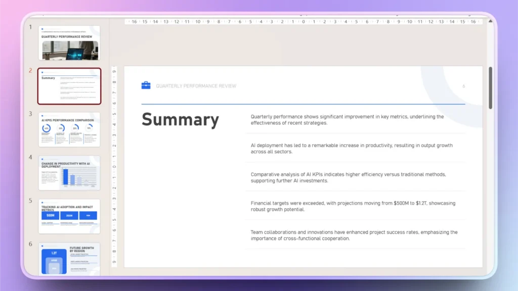 Tablet screen displaying a professional quarterly performance review presentation with summary text.