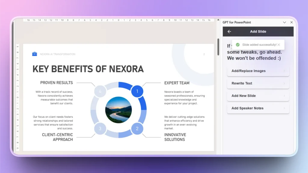 Screenshot of a PowerPoint slide titled "Key Benefits of Nexora" with a circular infographic and GPT for PowerPoint sidebar.