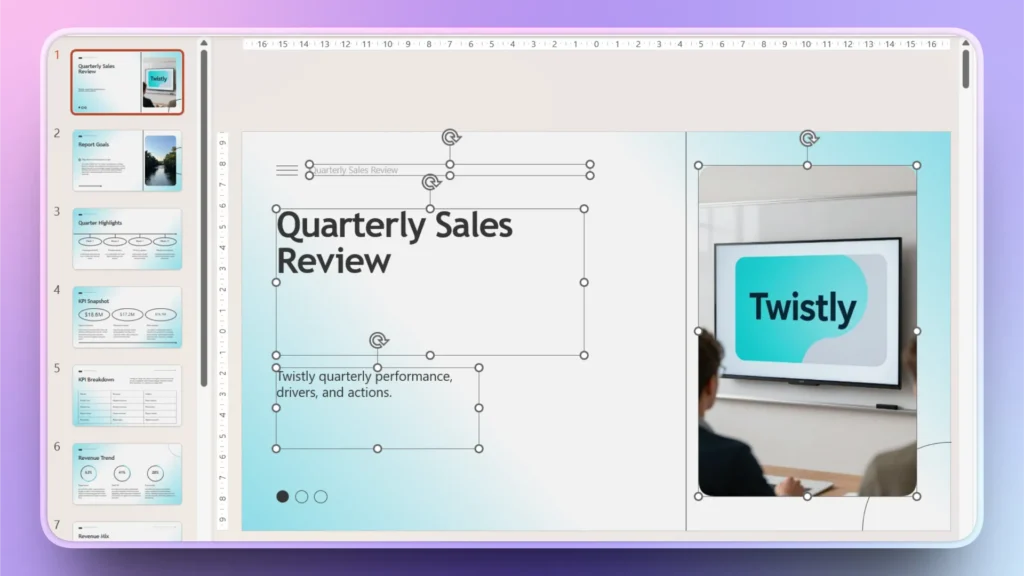 Tablet screen displaying a "Quarterly Sales Review" presentation with a video of people watching a screen labeled "Twistly.