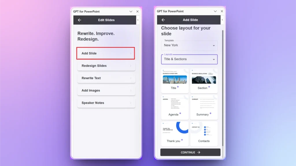 Two smartphone screens displaying GPT for PowerPoint interface with slide editing and layout selection options.