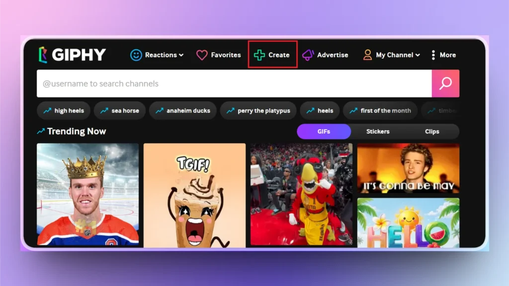 Screenshot of GIPHY website homepage with trending GIFs and highlighted Create button.