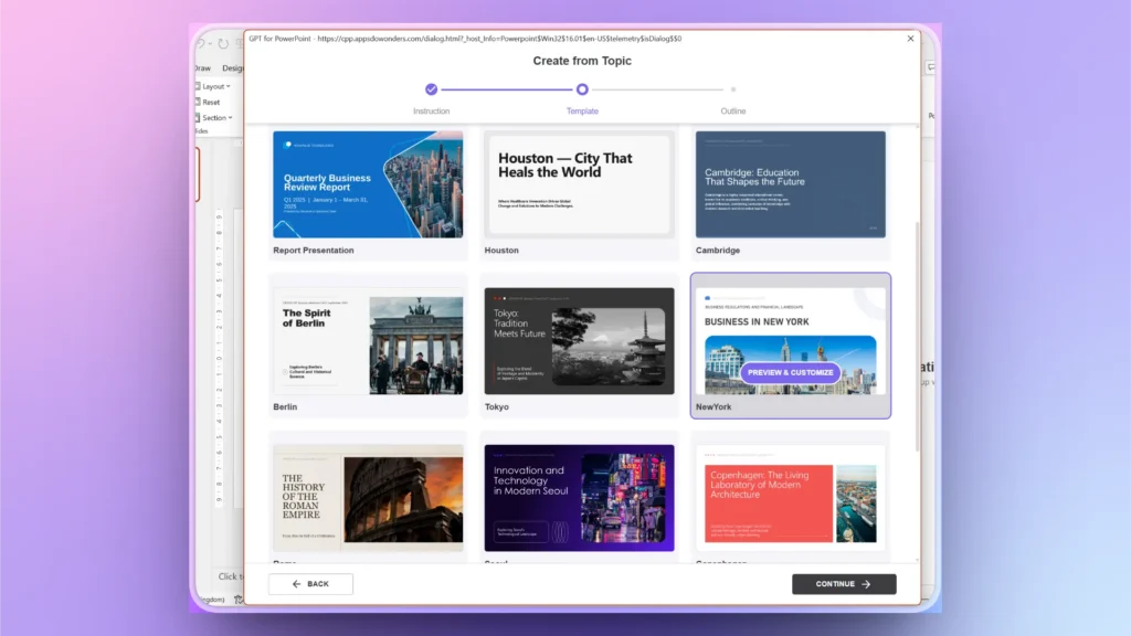Screenshot of a PowerPoint template selection interface with city and business-themed presentation thumbnails.