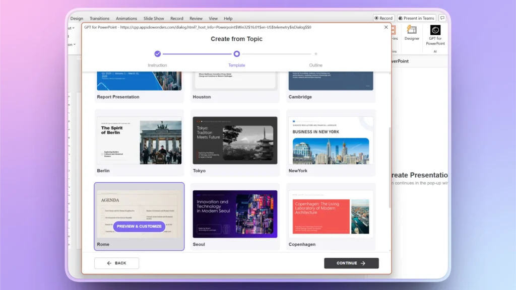 Screenshot of a PowerPoint interface displaying a template selection window with various city-themed presentation templates.