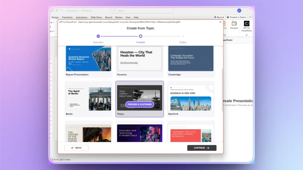 Screenshot of a PowerPoint interface showing a "Create from Topic" template selection window with various presentation templates.