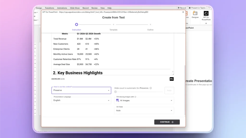 Screenshot of a GPT for PowerPoint plugin interface displaying business metrics and growth percentages.