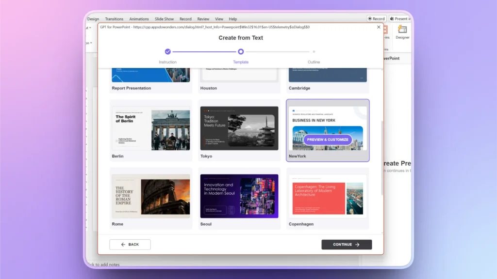 Screenshot of a PowerPoint template selection window featuring city-themed presentation templates.