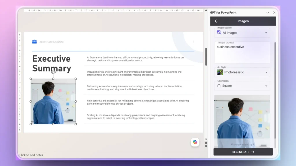 Screenshot of a PowerPoint slide titled "Executive Summary" with text and an image of a man in a blue shirt facing a whiteboard.