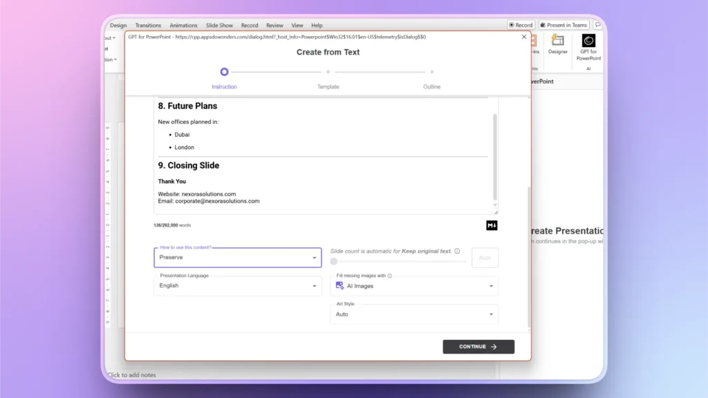 Screenshot of a PowerPoint add-in interface displaying future plans and closing slide text.