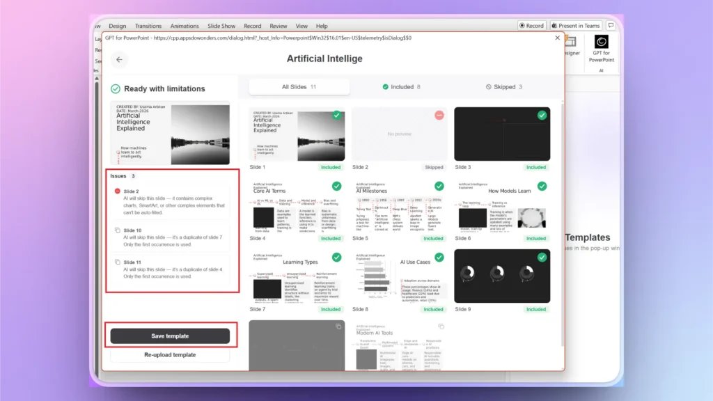 Screenshot of a PowerPoint plugin interface showing AI slide selection and issue notifications.