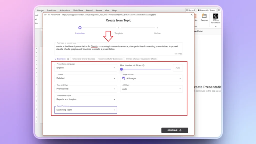 Screenshot of a PowerPoint GPT add-in interface with presentation settings and input text.