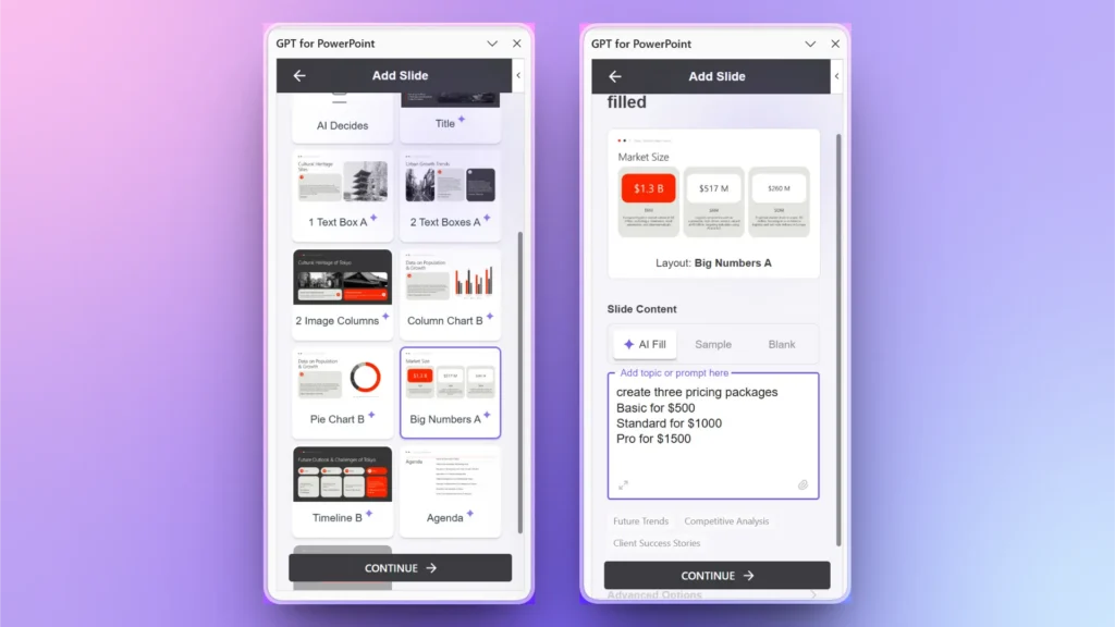 Two smartphone screens displaying "GPT for PowerPoint" interface with slide layout options and AI-generated slide content input.