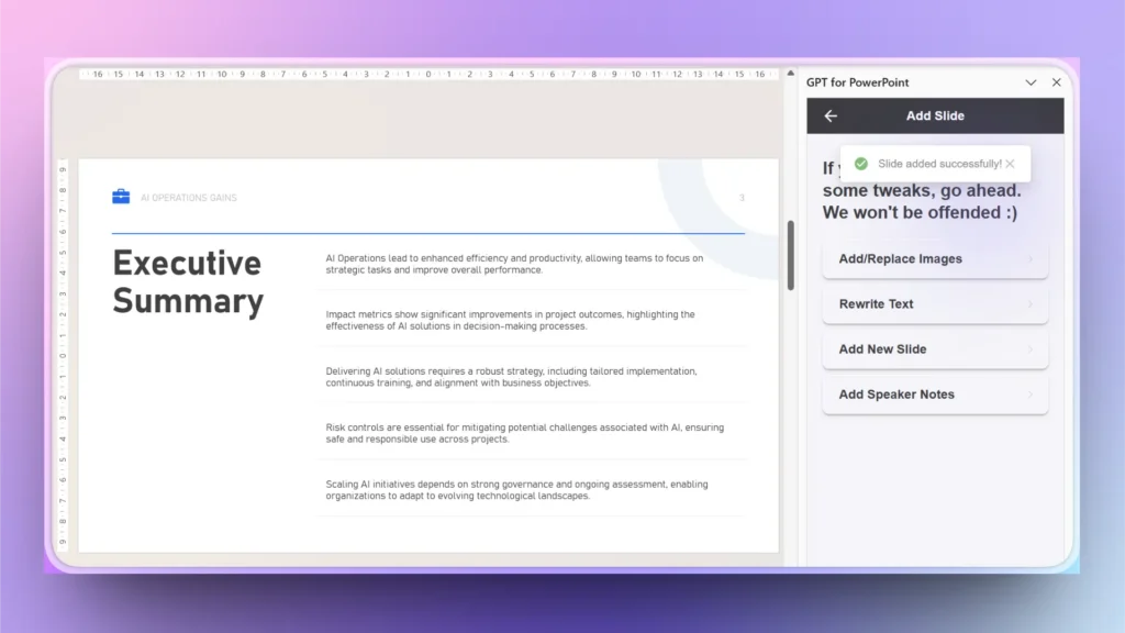 Screenshot of a PowerPoint slide titled "Executive Summary" on AI operations, with a GPT for PowerPoint sidebar showing slide editing options.