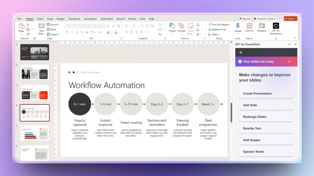 Screenshot of a PowerPoint presentation slide titled "Workflow Automation" with a timeline and GPT for PowerPoint sidebar.
