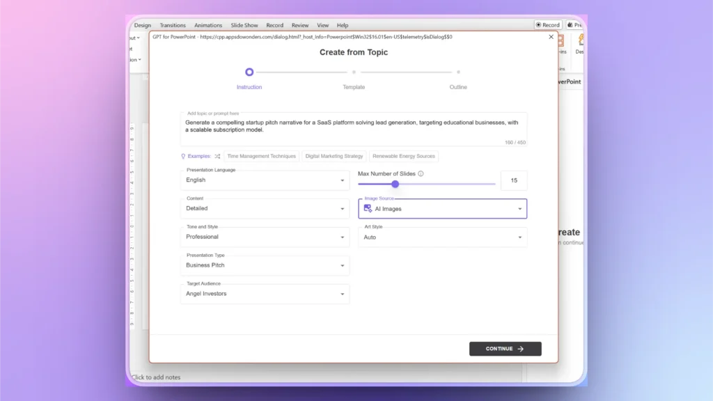 Screenshot of a PowerPoint add-in interface for generating a startup pitch presentation with customizable options.