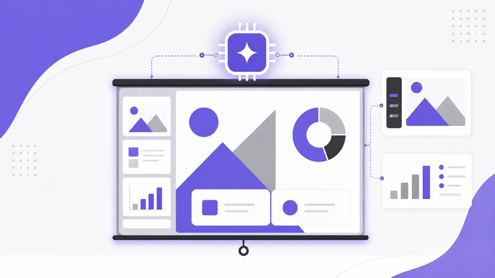 Abstract digital interface with charts, images, and a glowing microchip icon in purple and gray tones.