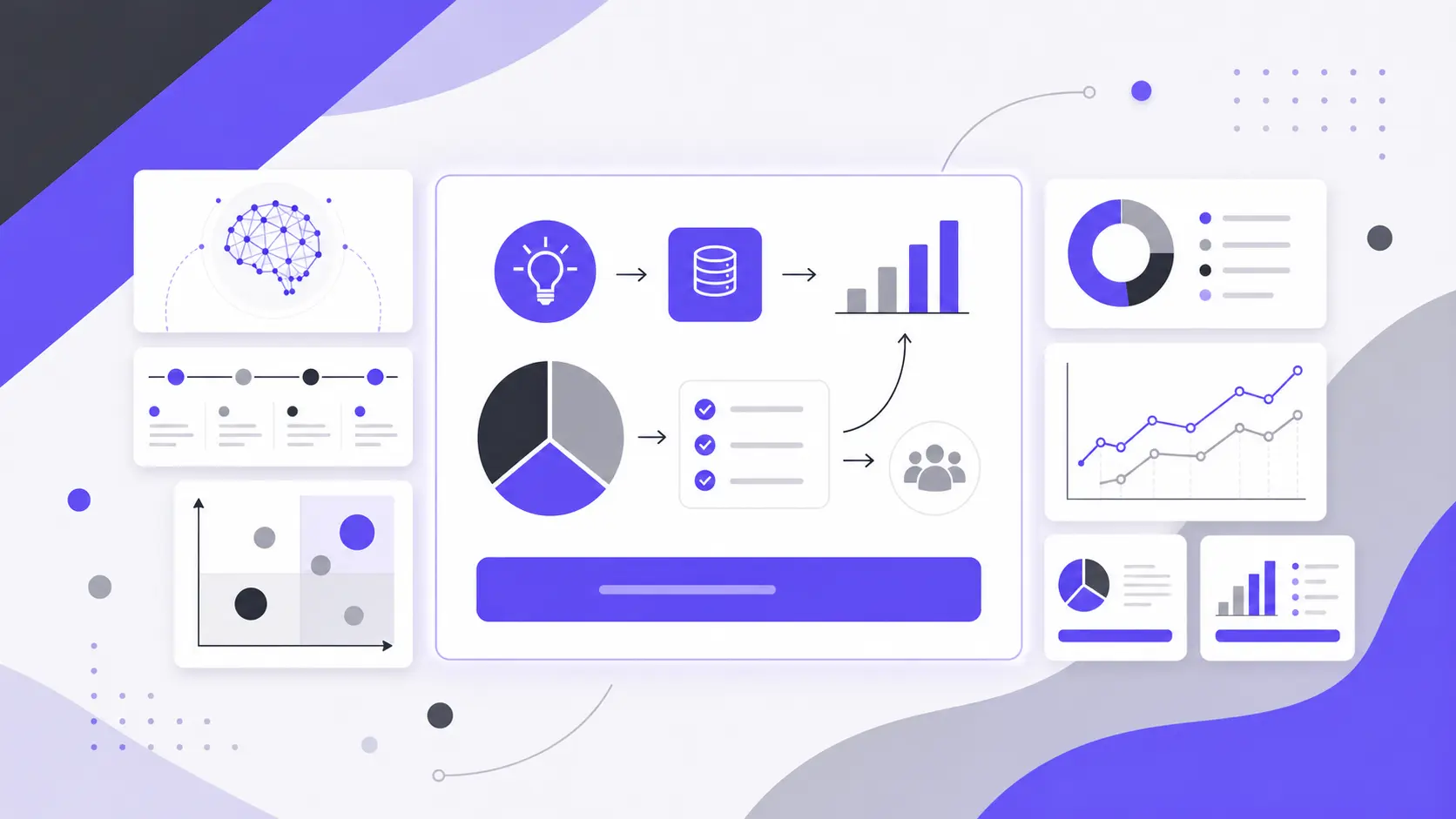 Abstract infographic with pie charts, bar graphs, line charts, and icons in purple, black, and gray tones.