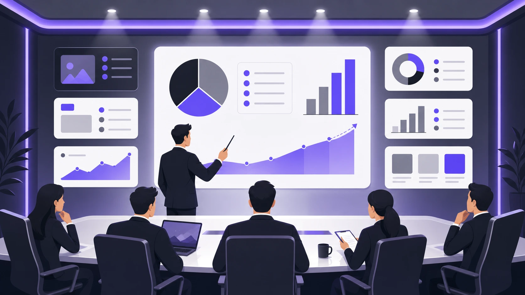 Business professionals in formal attire attending a presentation with charts and graphs.