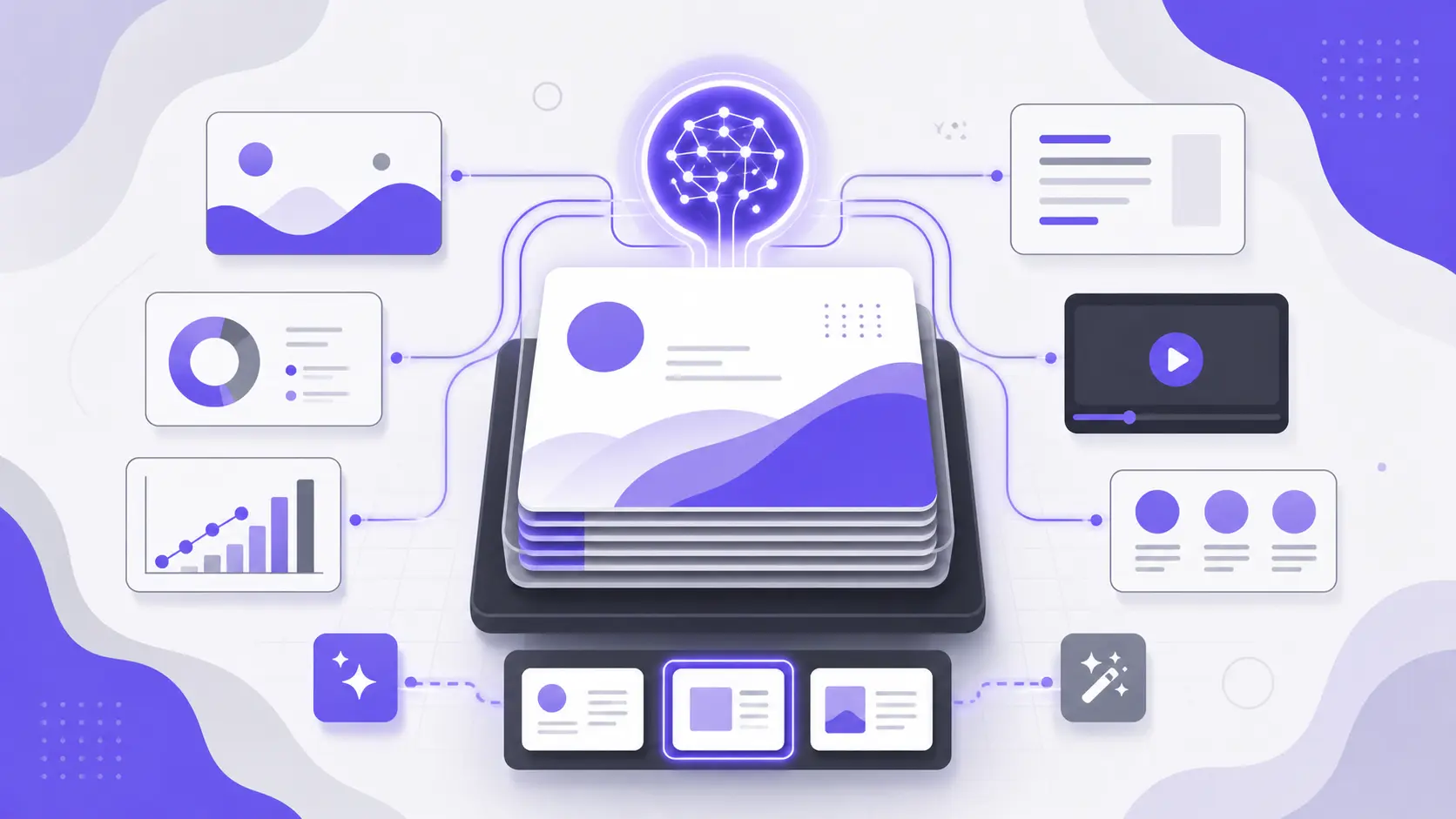 Abstract digital interface with stacked cards, charts, video, and neural network icon.