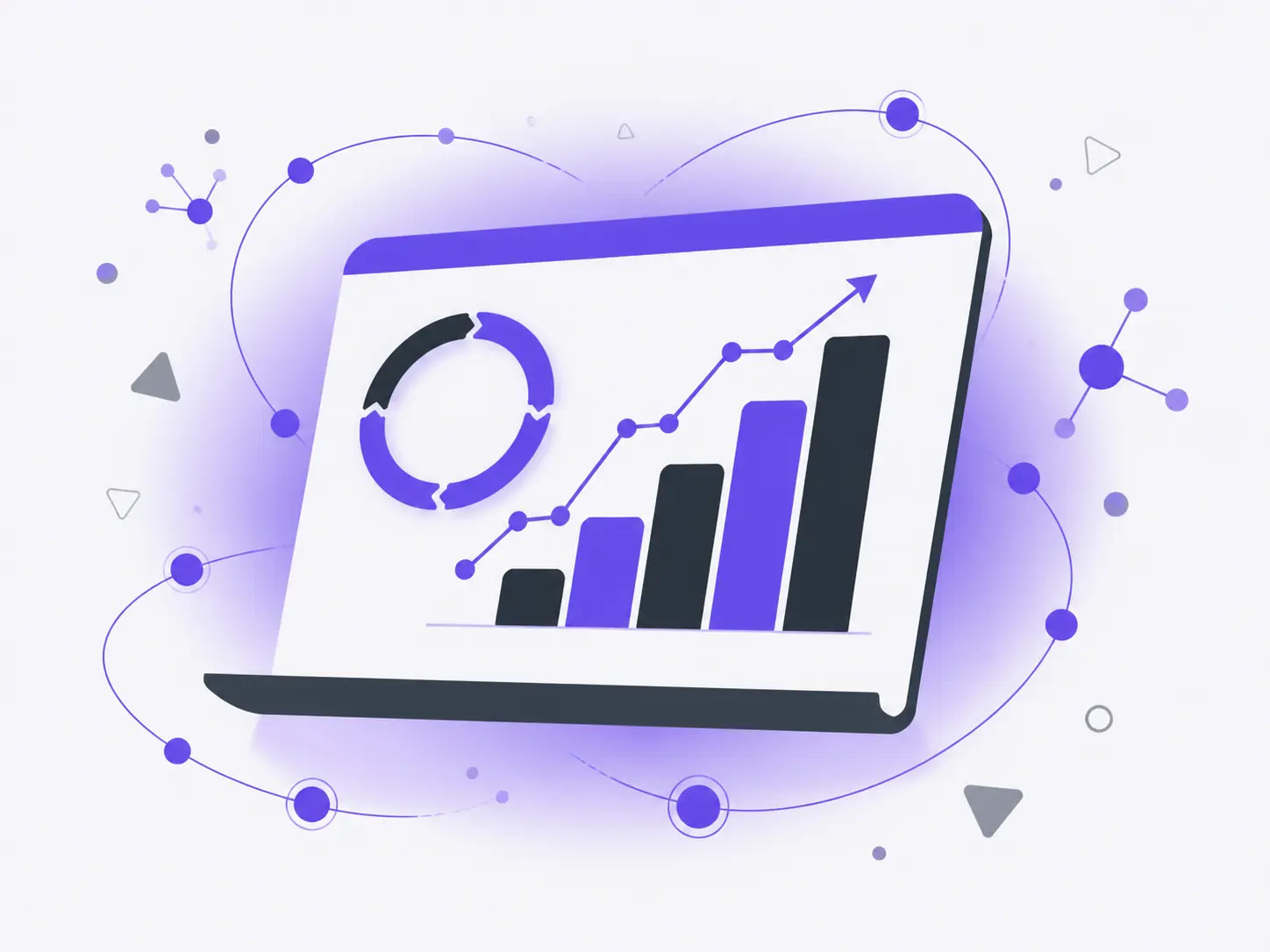 Illustration of a laptop screen displaying a purple and black bar chart with an upward trend line and circular infographic elements.