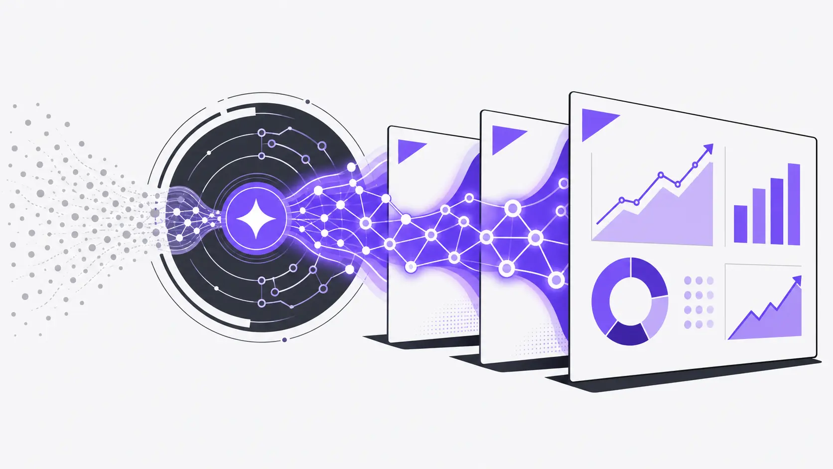 Abstract digital illustration depicting data flow through network nodes into analytical charts and graphs in purple and black tones.