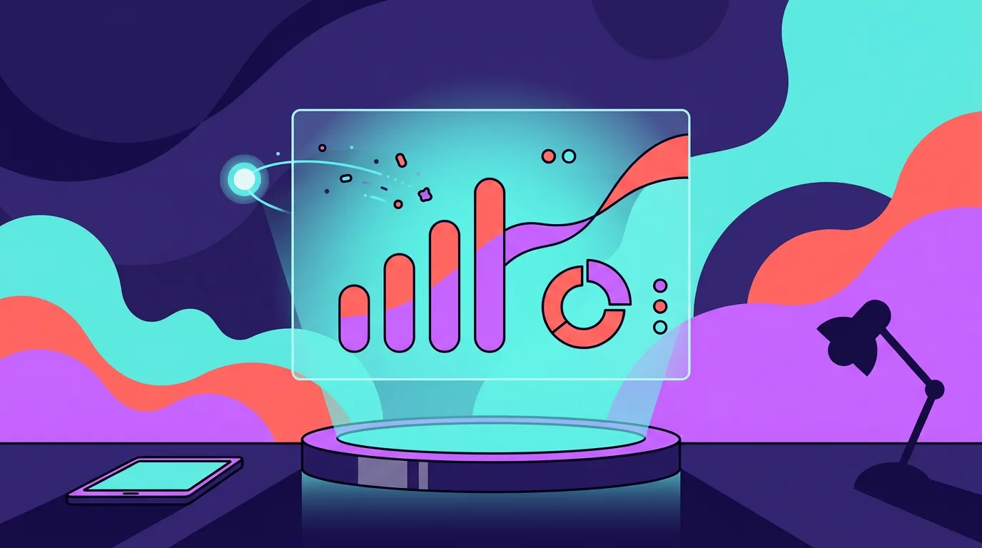 Futuristic holographic display showing colorful bar and pie charts on desk with tablet and lamp.