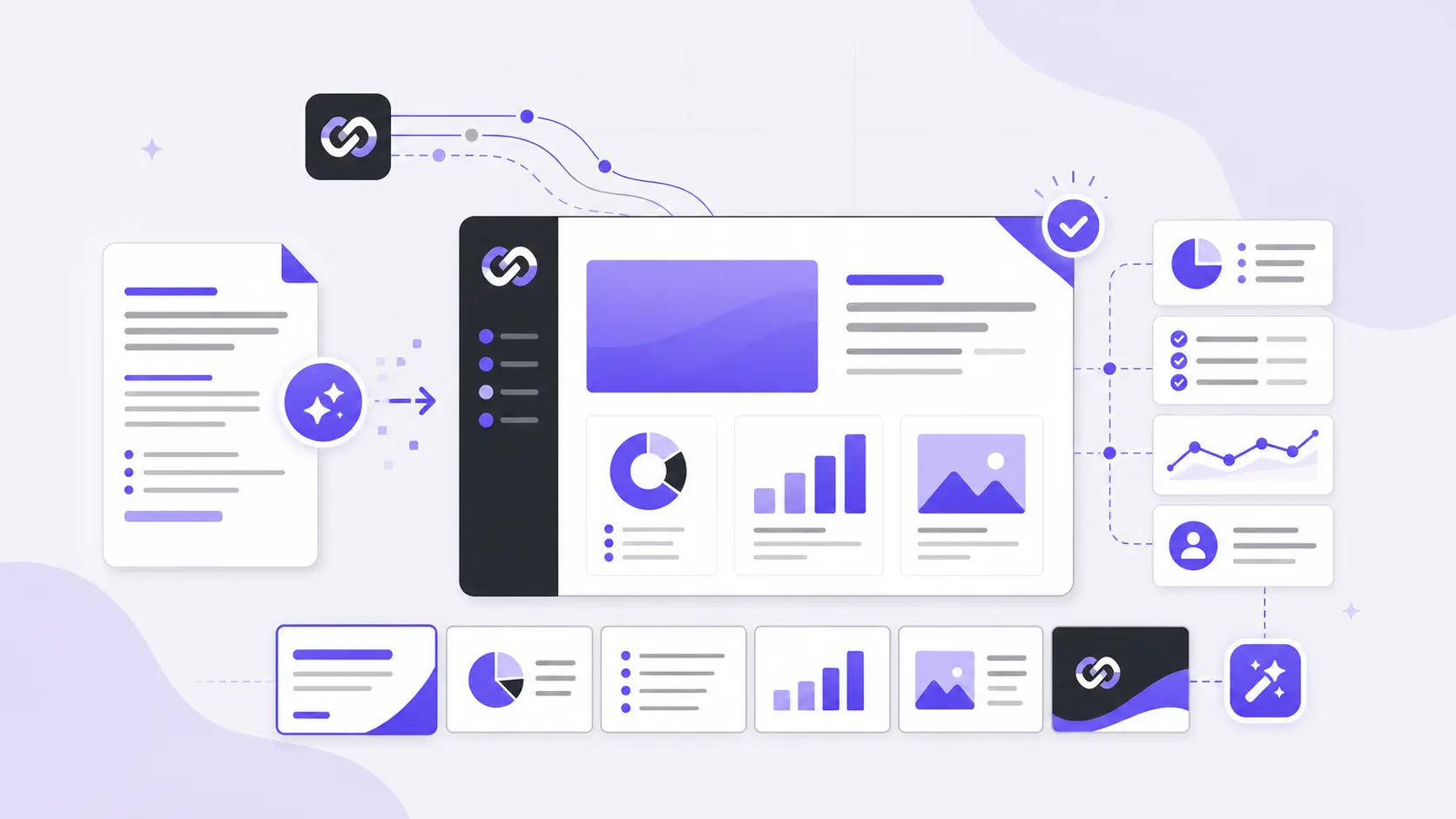 Illustration of a digital workflow with charts, graphs, icons, and document elements in purple and white tones.
