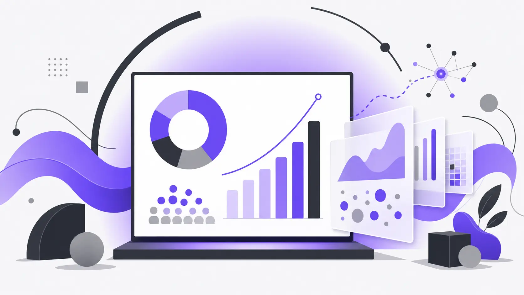 Illustration of a laptop displaying purple and gray charts, graphs, and data visualizations.