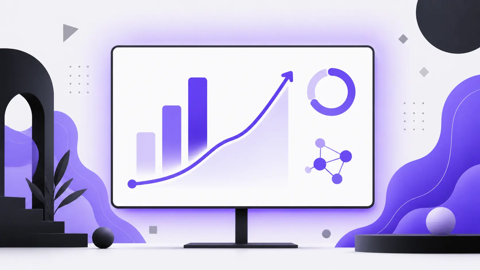 Digital display showing purple bar chart, upward trend line, pie chart, and network diagram.
