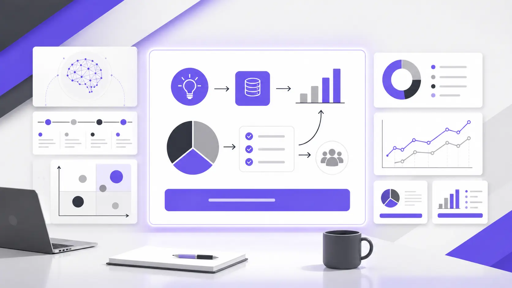 Workspace with laptop, notebook, pen, coffee cup, and digital data charts in purple, black, and gray tones.