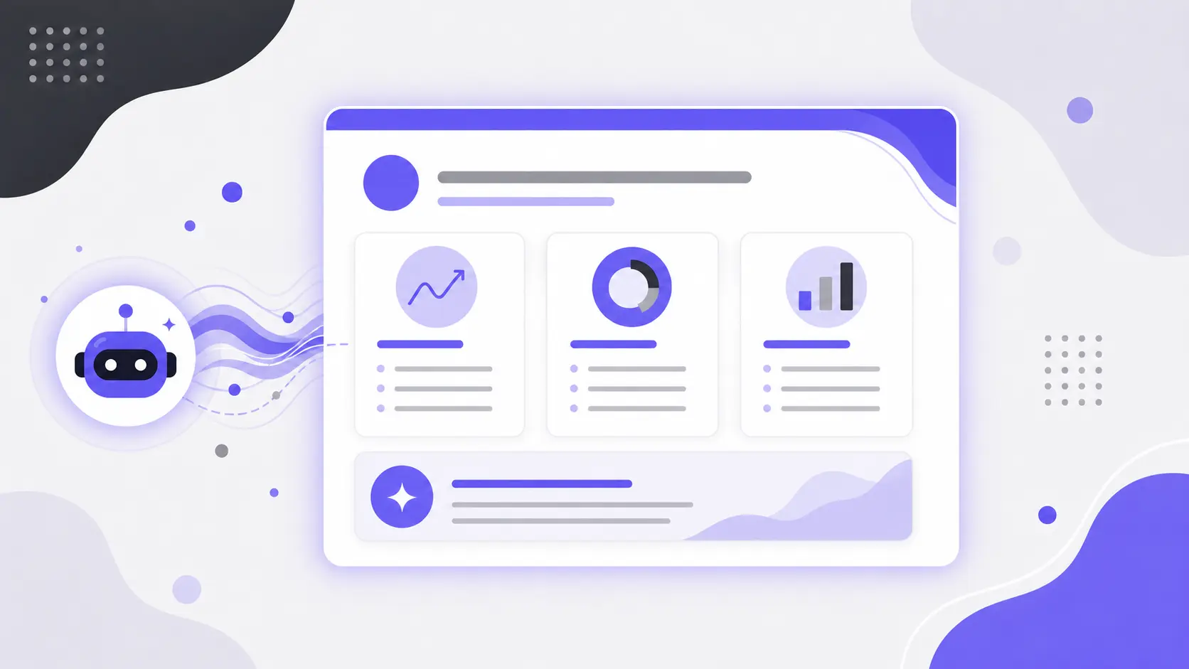 Illustration of a digital dashboard with charts and a robot icon in purple and gray tones.