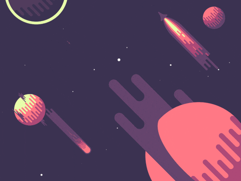 Abstract digital illustration of colorful planets and comets in a dark space background.